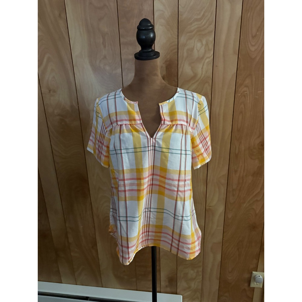 Eddie Bauer Womens Small Yellow Orange Plaid Split V-Neck Short Sleeve Blouse